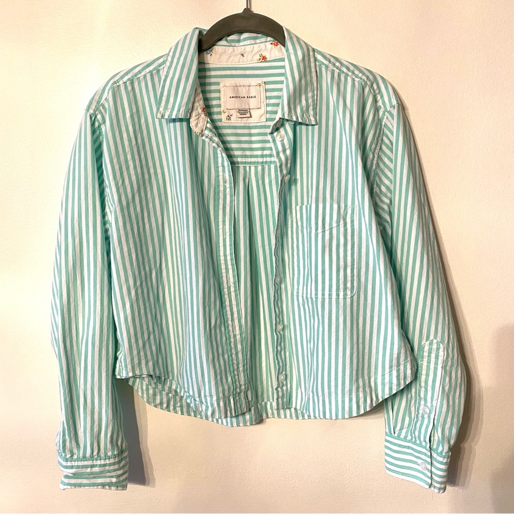American Eagle Green and White Striped Cropped Button Up